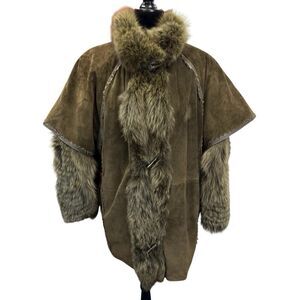 Toppolino VTG Suede Fur Trim Coat Olive Green sz M Relaxed Fit Winter Jacket